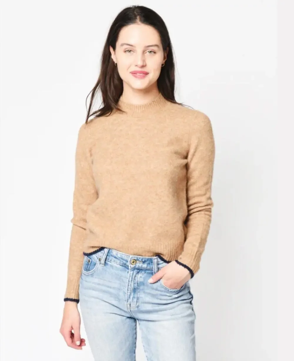 Vince Contrast Tip Wool Alpaca Mock Neck Sweater Contrast Trim Camel Large